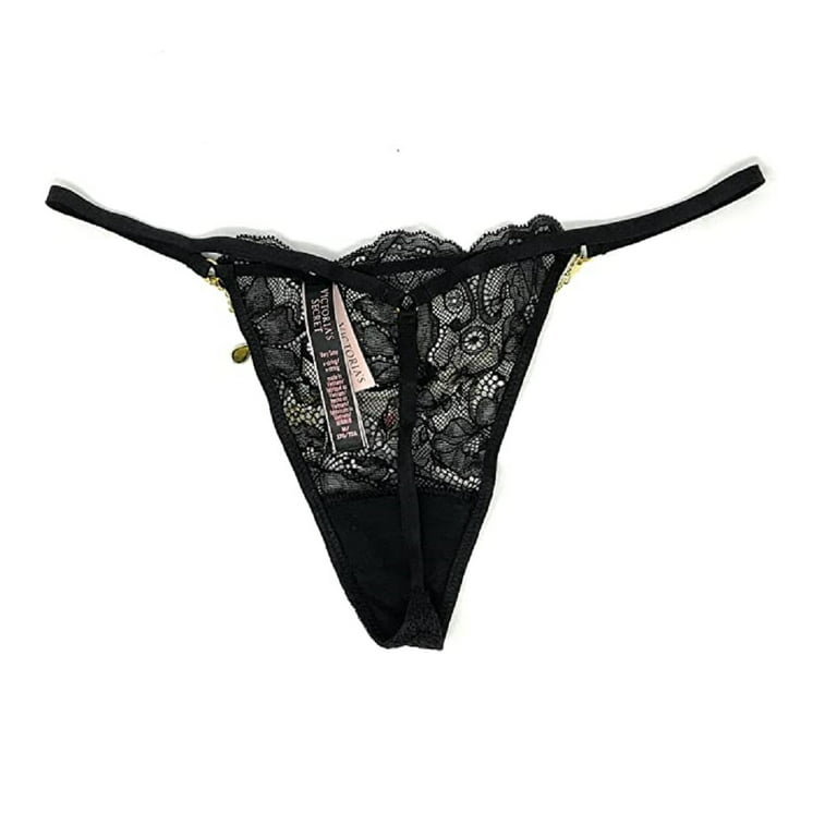 Victoria's Secret Very Sexy Shine V-String Black Lace Gold Charms Thong  Panty Size X-Small NWT