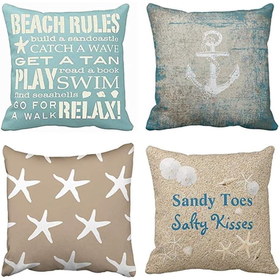 Set of 4 Throw Pillow Covers Beach Starfish Words Rules Holiday Summer Nautical Anchor Distressed Taupe Decorative Pillow Cases Home Decor Square 18x18 Inches Pillowcases