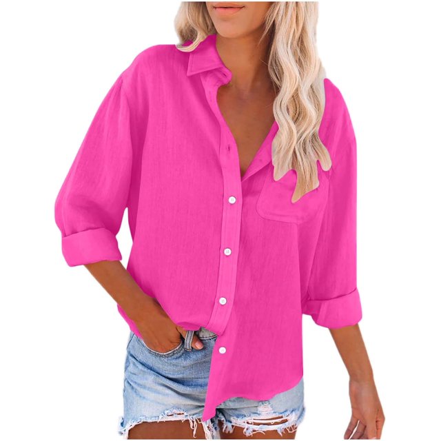 Generic Chemises à Boutons pour Femmes en Coton Rayé Chemise Décontractée Manches Longues Col Bureau Blouses Tops