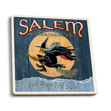 

Salem Massachusetts Witch Vintage Sign (Absorbent Ceramic Coasters Set of 4 Matching Images Cork Back Kitchen Table Decor)