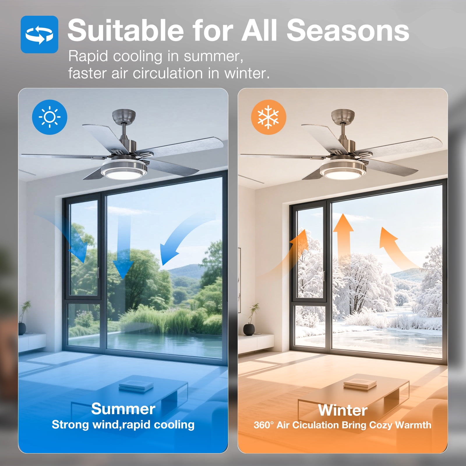 Warmiplanet 52" Modern Ceiling Fan with Light & Remote, Brush Nickel, Dual-Color Blades, 3 Speeds, 3-Color Light, Reversible, Timer
