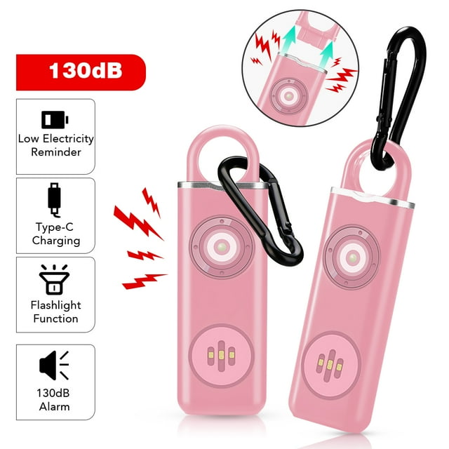 WSDCAM Personal Alarms 130db Emergency Self-Defense Security Alarm Keychain in pink, designed for personal safety with a loud 130dB alarm, LED flashlight, and Type-C rechargeable battery. Features include a carabiner clip for easy attachment, low electricity reminder, and SOS strobe light. Ideal for women, kids, and elderly for self-defense and emergency situations.