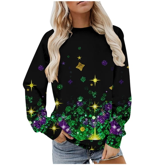 Felirenzacia Women's Carnival Crewneck Long Sleeve Fleece Pullover Hoodie Top, Mardi Gras Party Mask Pattern Sweatshirt for Women, S-3XL