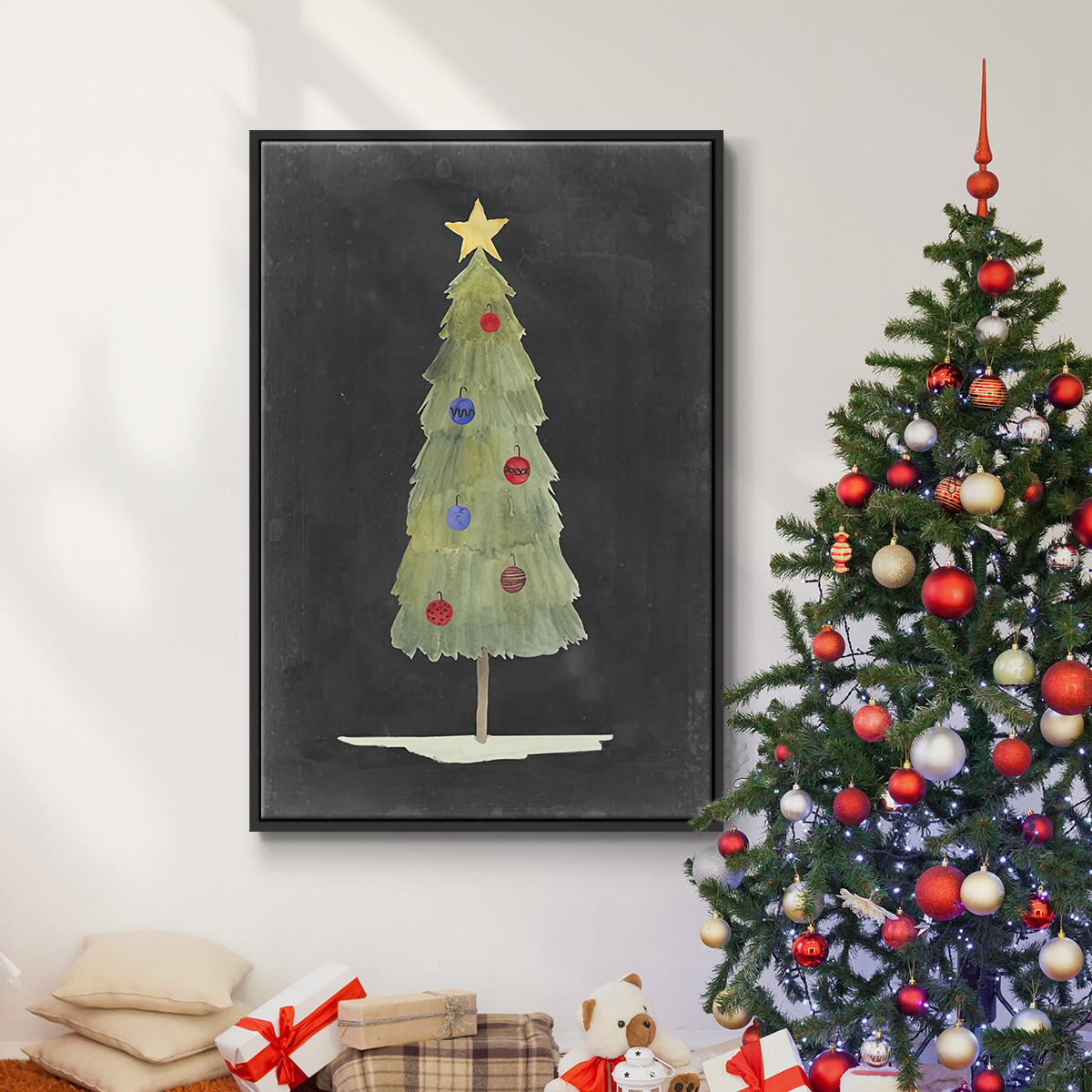 Christmas Glow II - Framed Gallery Wrapped Holiday Canvas - 17 x 25 - Black Frame