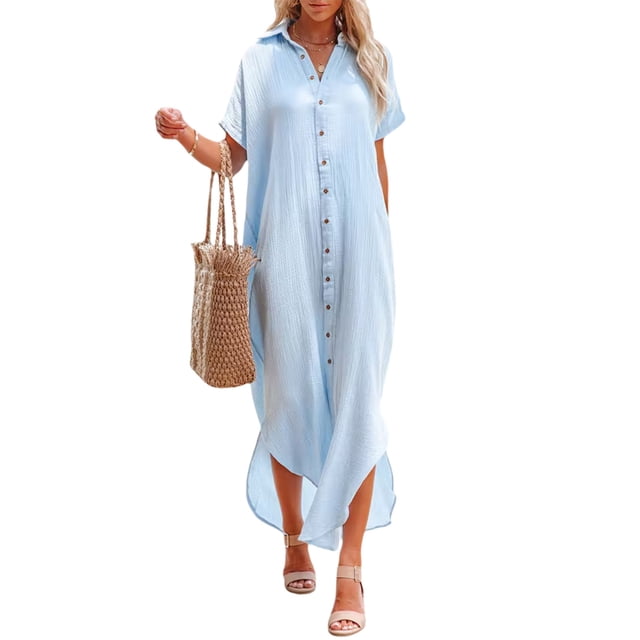 xiaxaixu Robe de Plage Décontractée pour Femmes, Couleur Unie Manches Courtes Boutonnée Col Rabattu Ample