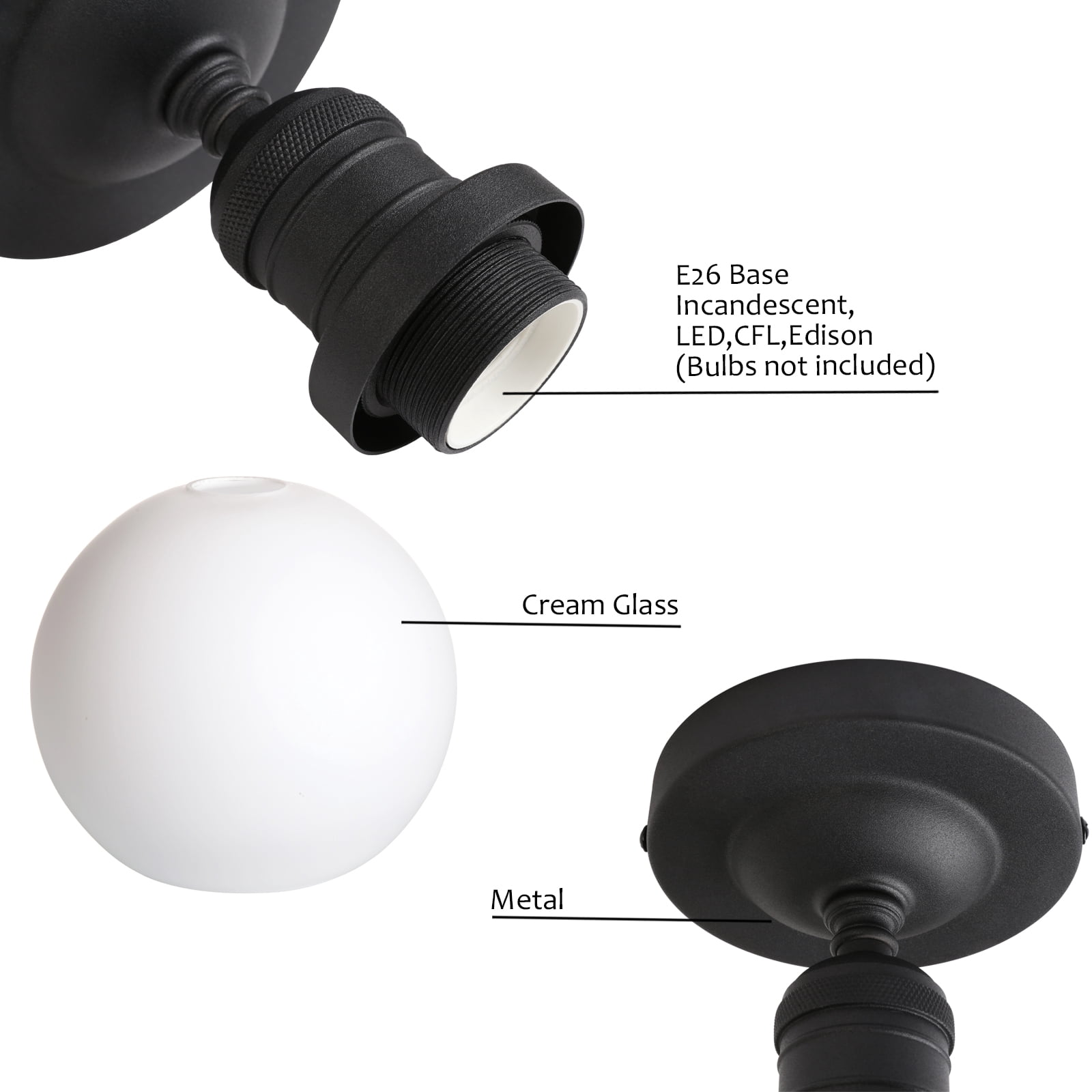 1-Light Ceiling Light, Industrial Globe Cream Glass Shade Close to Ceiling Light for Kitchen Island