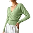 thumbnail image 3 of WRFWUL Womens Wrap V Neck Top Long Sleeve Ribbed Knit Surplice Pullover Tops Elegant Slim Fit Casual Cropped Sweater, 3 of 7