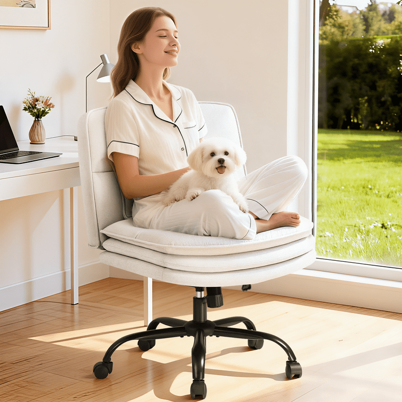 Homall Cross Legged Wide Seat Office Chair with Wheels,Office Armless Desk Chair, Modern Swivel Computer Task Chair Height Adjustable Vanity Chair,in Fabric,Beige