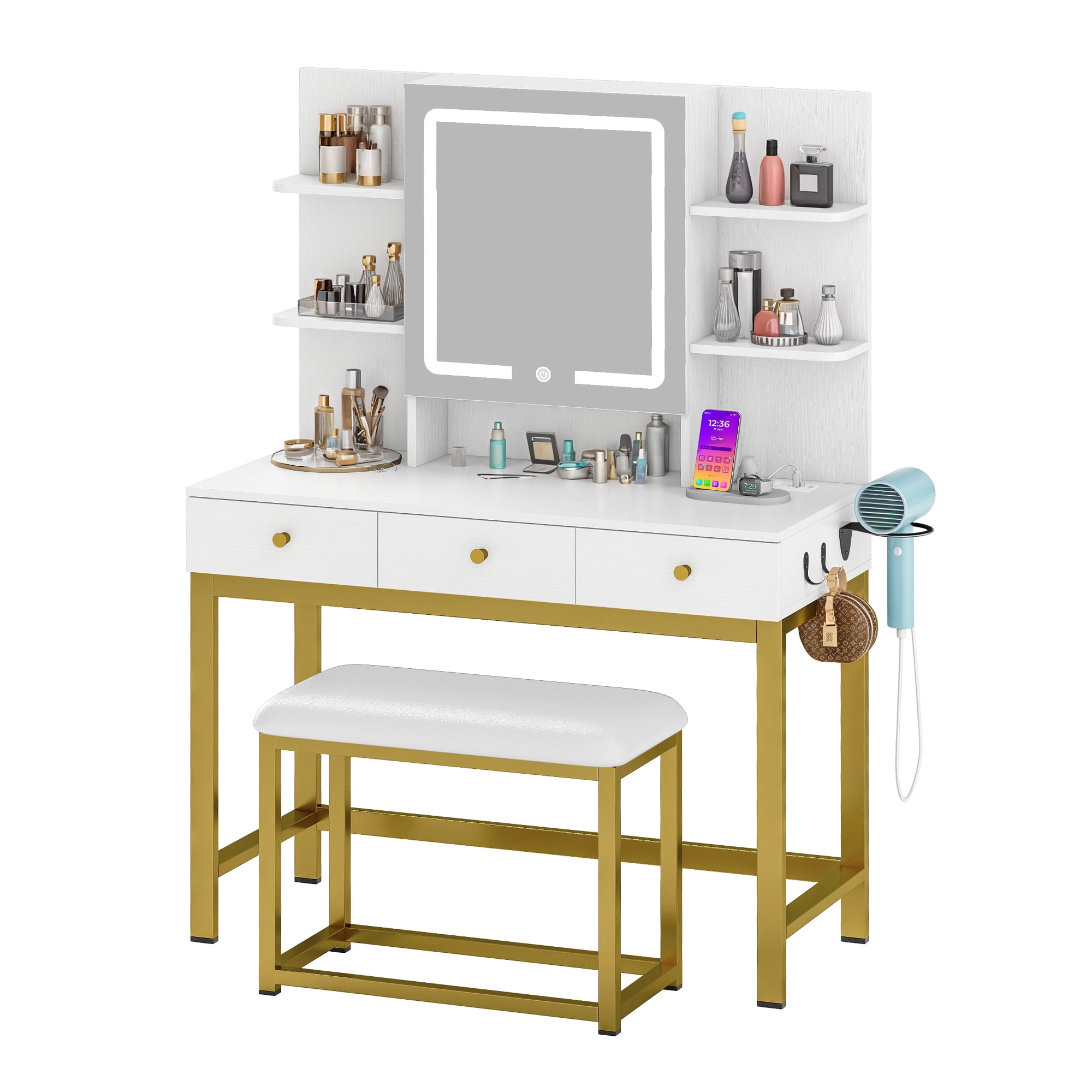 Dextrus Vanity Desk Set with Light Mirror & Power Outlet, Makeup Table with 3 Drawers, Adjustable Cabinet/Makeup Vanity Stool for Women, Girls - White