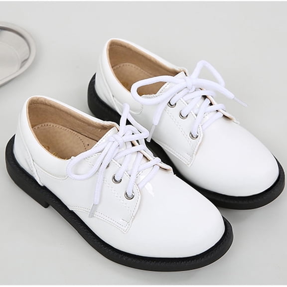 FSYBOA Boys Dress Shoes Size 6T, School Uniform Soft Soled Non Slip Lace-up Strap Kids Flat Shoes White