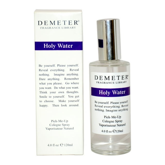 Holy Water by Demeter for Women - 4 oz Cologne Spray. A refreshing and light fragrance with fresh, oriental, and woody notes. The image shows a clear glass bottle with a silver cap, labeled 'Holy Water' and 'Pick-Me-Up Cologne Spray,' alongside its matching box featuring the Demeter branding and product details.