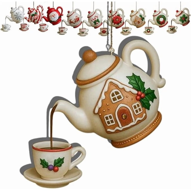 Vintage Christmas Teapot Ornament With Pouring Tea Effect Holly And Red Berries Design For Christmas Tree Decor