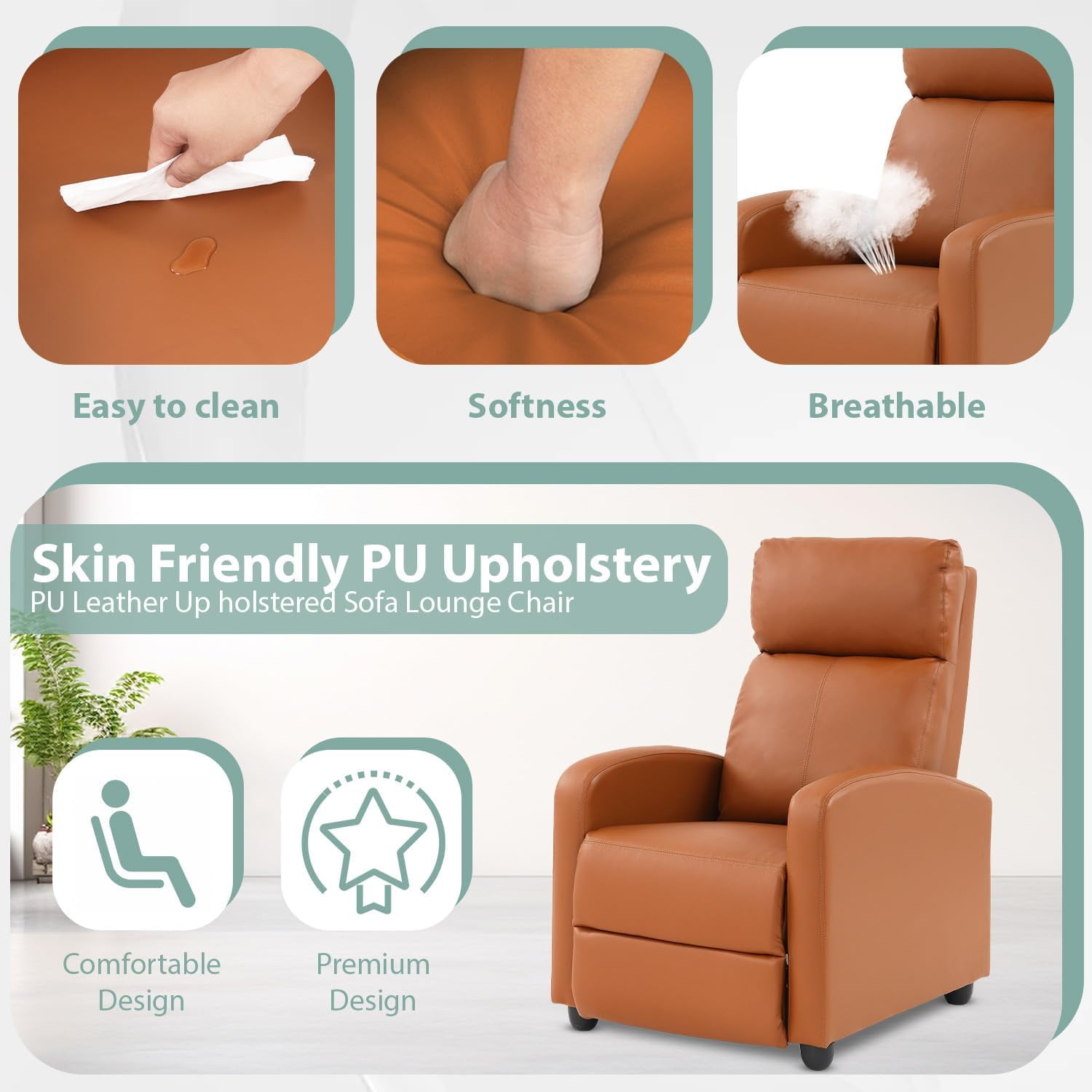 Recliner Chair Padded Seat Pu Leather Reclining Chairs for Living Room Adjustable Single Sofa with Footrest Home Theater Seating Modern Lazy Boy Recliner Sofa Reading Chair, Tan