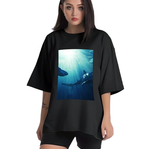 Plus Size Shirt for Women Black Tops for Women Short Sleeves Shirt for Women Sharks T Shirt Crewneck Shirt for Women XS