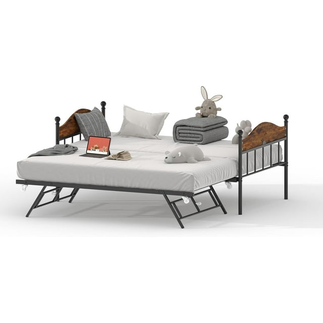 Bingirl Lit de Jour avec Tiroir-Lit, Lit de Jour en Métal Robuste Format Simple avec Tête de Lit Stylée, Tiroir-Lit Simple à Hauteur Réglable, Plateforme à Lattes en Acier Robustes