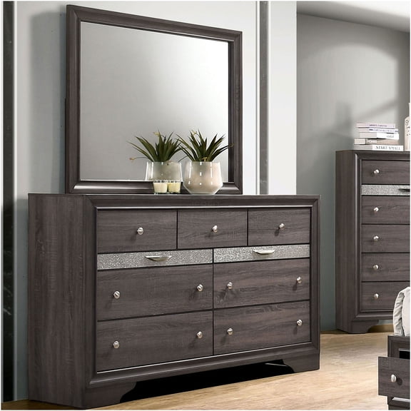 JERFIT 5-Drawer Dresser with Mirror, Gray Bedroom Furniture Set with Hidden Jewelry Organizer, Solid Wood Construction, Silver Accents