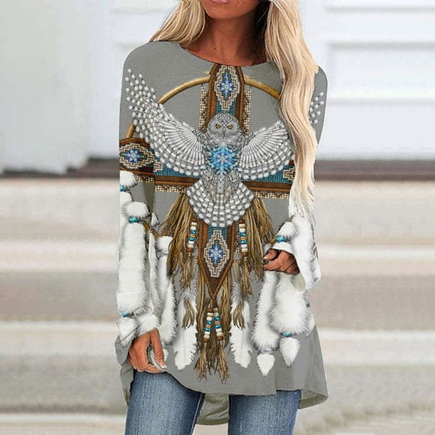 Puntoco Mujeres Casual Manga Larga Cuello Redondo tops Blusa Suelta Folk-Custom Impreso Camisas Puntoco Puntoco-7413