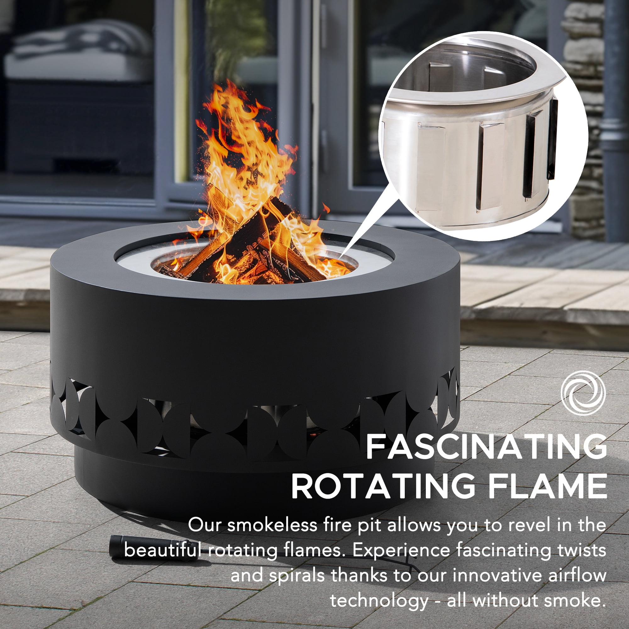 Sunjoy Smokeless Fire Pit  28 In, Outdoor Portable Wood Burning Fireplace with Removable Ash Pan,  , Black