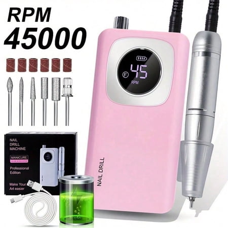 Cordless Nail Drill Professional: 45000 RPM Rechargeable Electric Nail File Kit, Portable & Low Noise for Acrylic, Gel Nails, Manicure & Pedicure - Salon & Home Use