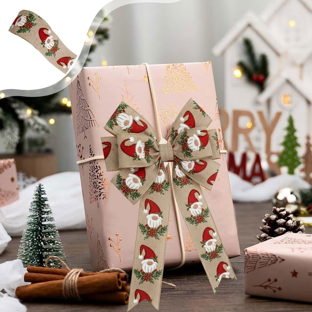 Aufmer 3 Pcs Christmas Print Craft Ribbon, Snowflake Pinecone Design Gift Wrap, Faux Linen Satin Edged Ribbon, Holiday Bow Making Supplies(Multicolor)