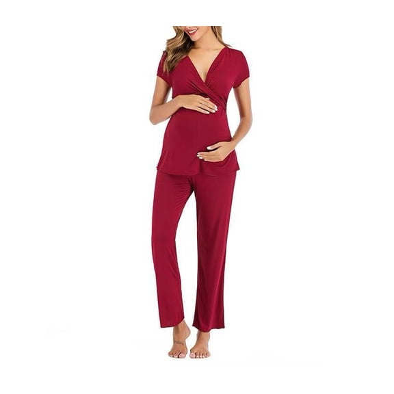 Gleelaud Modal Soft Maternity Pajama Set Short Sleeve Crossover Nursing Top Adjustable Waist Pants Sleepwear for Pregnancy Postpartum
