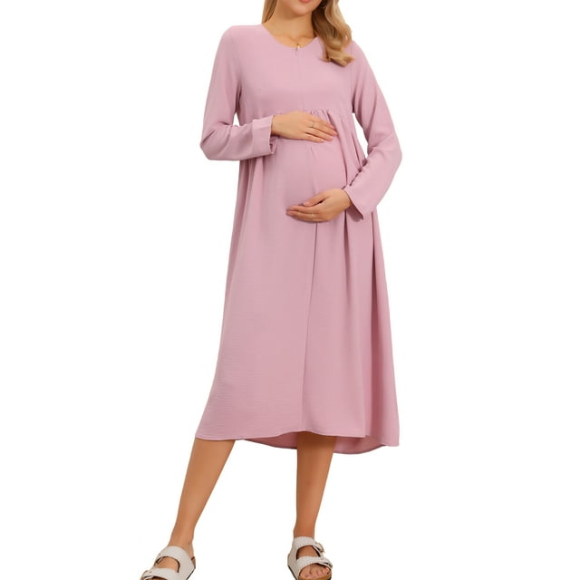 VESTIDO DE MATERNIDAD Y LACTANCIA INSPIRE CHIC Con Cierre Frontal, Midi, de Manga Larga, Cuello Redondo, Plisado, Color Rosa