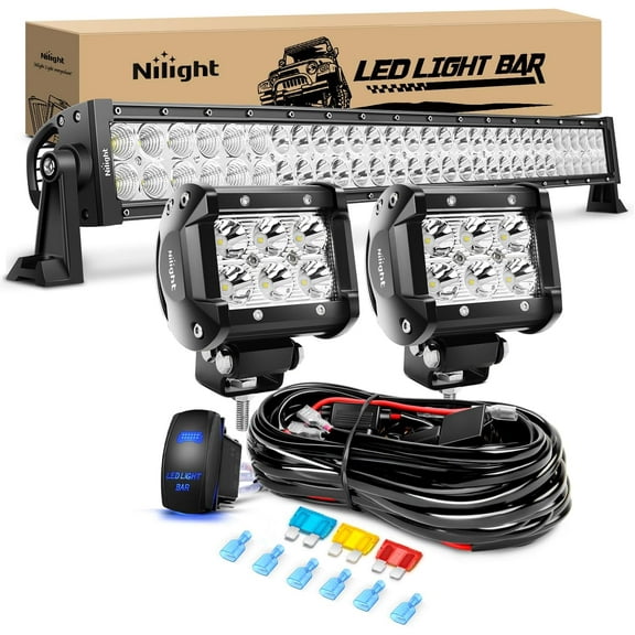 Nilight 32inch 180W Spot Flood Combo Led Light Bar 2Pcs 18W 4Inch Spot Led Pods Driving off Road Lights with 14AWG Wiring Harness Kit-3 Leads for Van Car Pickup Golf Cart ATV UTV SUV Truck Boat