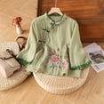 thumbnail image 2 of Womens Blouses Womens Retro Placket Frog Button Cotton Linen Top 3/4 Sleeve Embroidered Trendy Summer Casual Womens T Shirts, 2 of 4