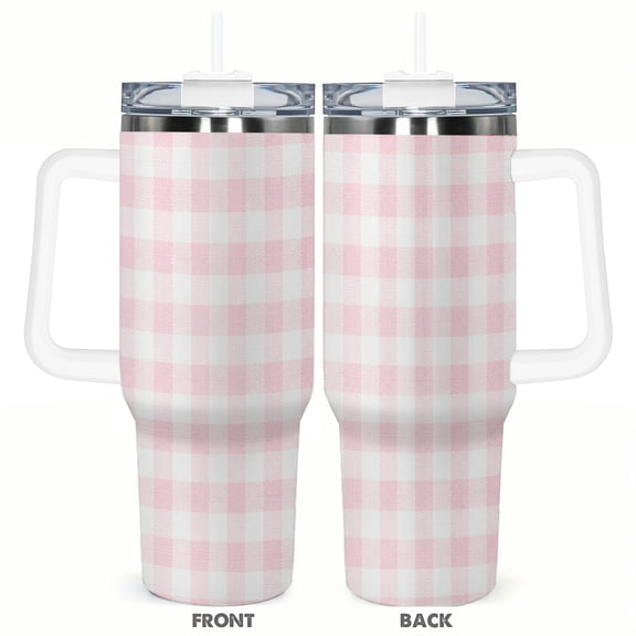 40oz Pink Gingham Insulated Car Tumbler with Handle and Straw Lid Cute Travel Coffee Cup Gift for Women Girls