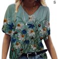thumbnail image 1 of Camiseta de mujer Blusa de playa con cuello en V y manga corta con estampado floral, azul verde, S Methold AP002484-16, 1 of 4