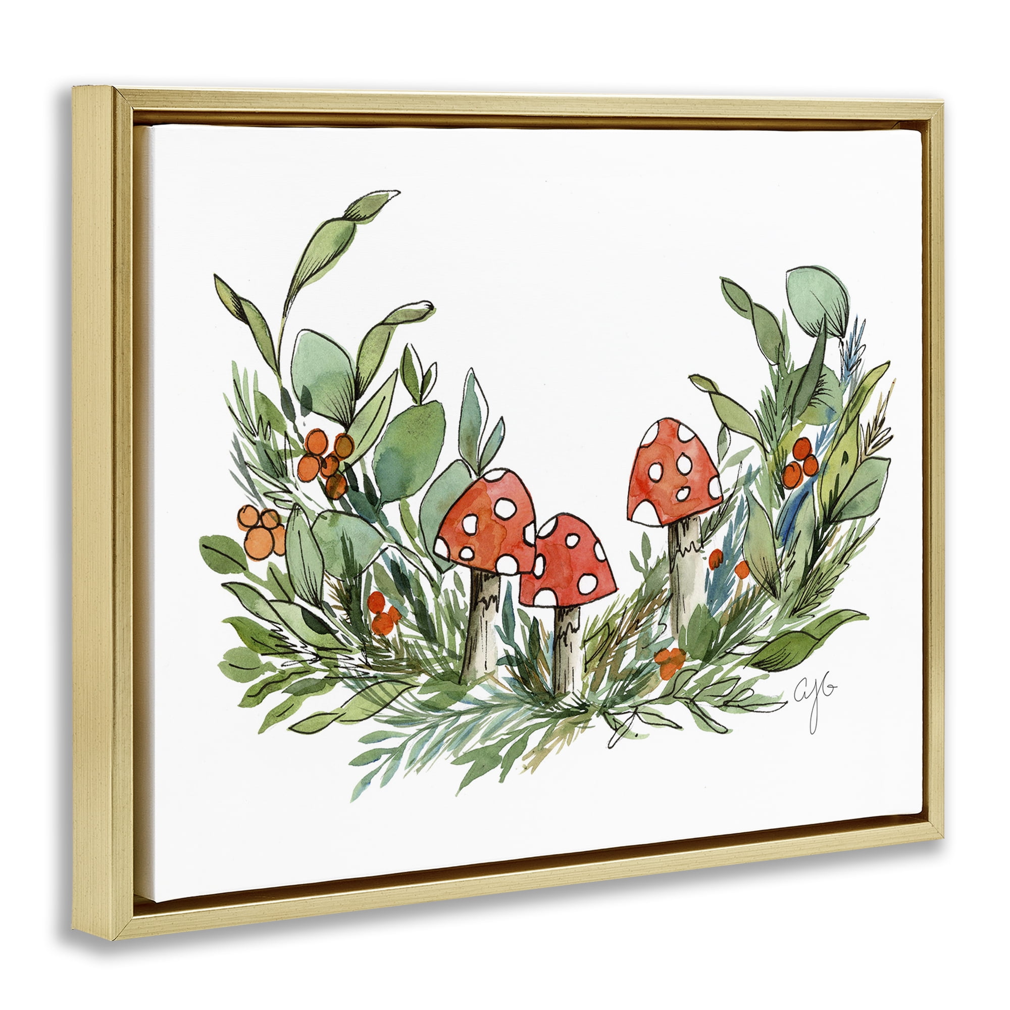 Stupell Industries Mushrooms and Greens Plants & Flowers Painting Gold Floater Framed Canvas Art Print Wall Art, 21 x 17