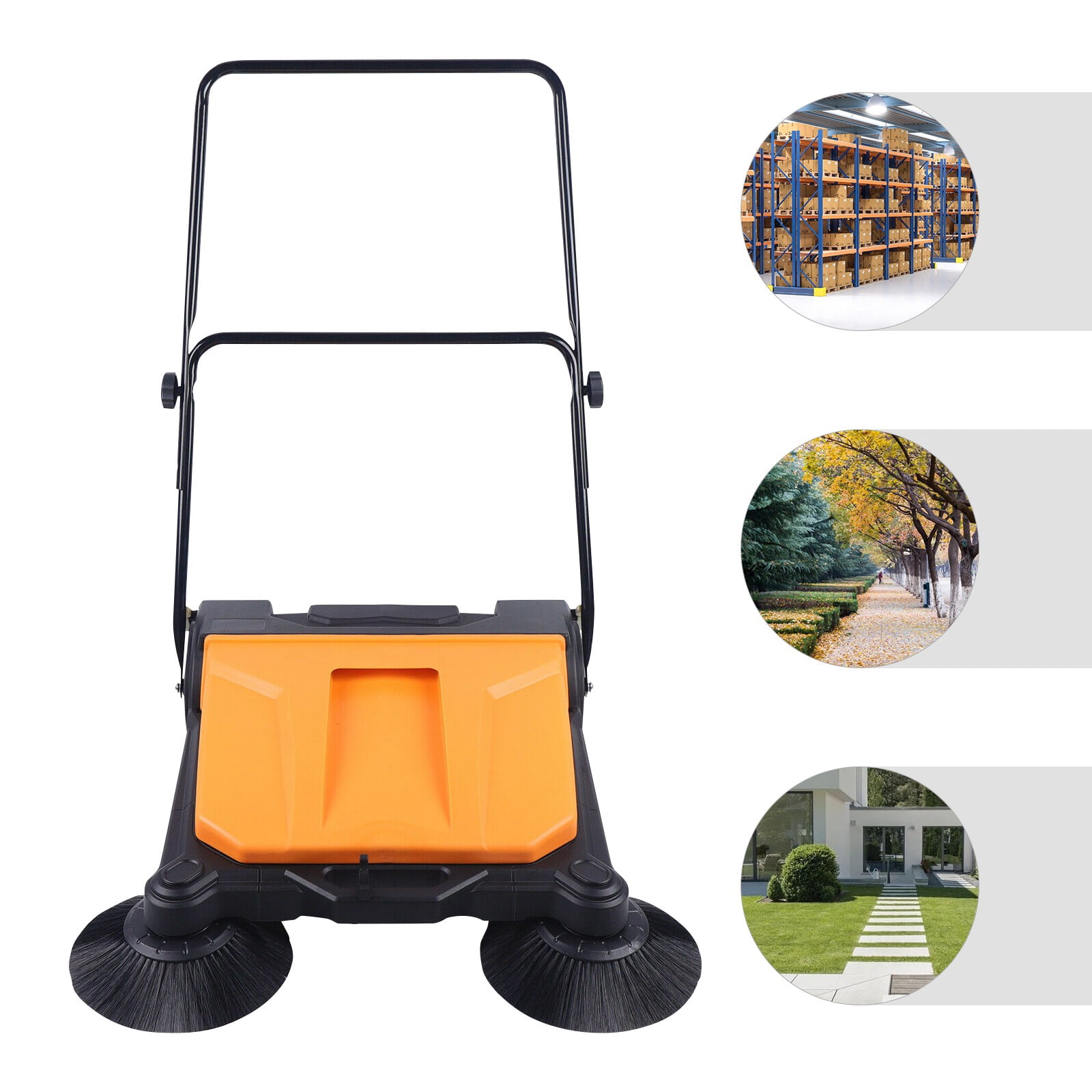 26" Black+Orange Manual Hand Push Sweeper Moder Hand Push Floor Sweeper for Garages Courtyards Offices