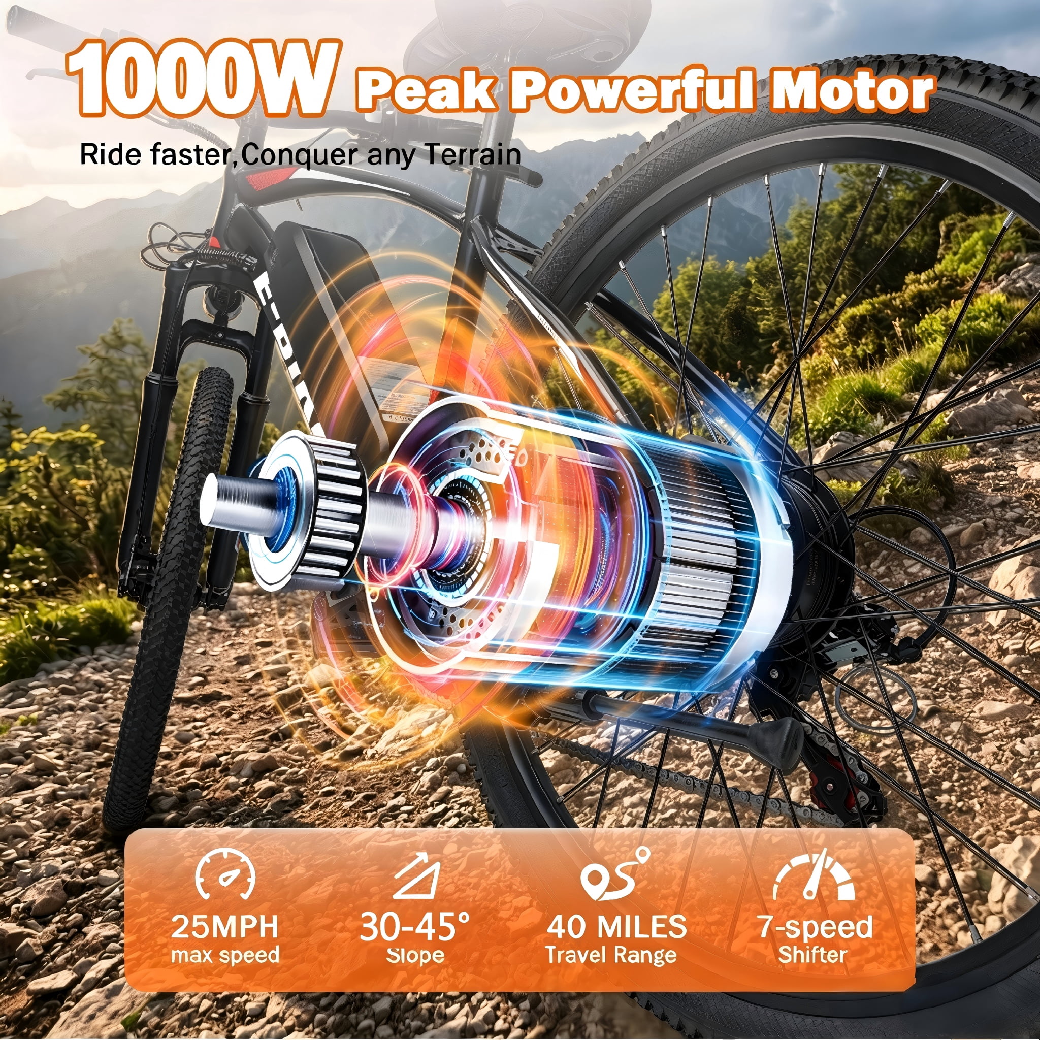 XKJ Electric Bike for Adults,26" EBIKE,25MPH, 40+Miles(PAS),Commuting Electric Mountain Bicycle with 576Wh Removable Built-in Battery,1000W Gear Motor with 7 Speed,Full Fork Suspension, UL 2849