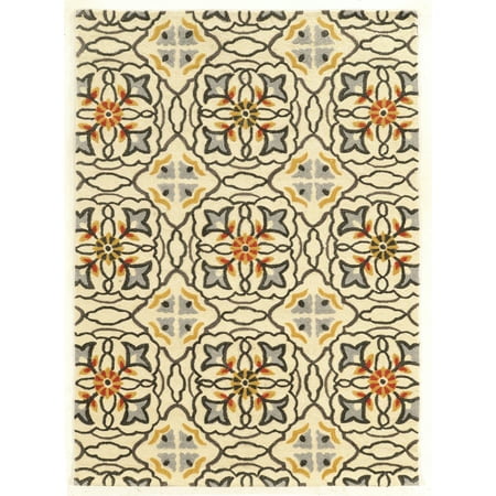 8X10 TRIO BETTI IV decorative rug featuring repeating geometric floral patterns in orange, gray, and yellow on cream.