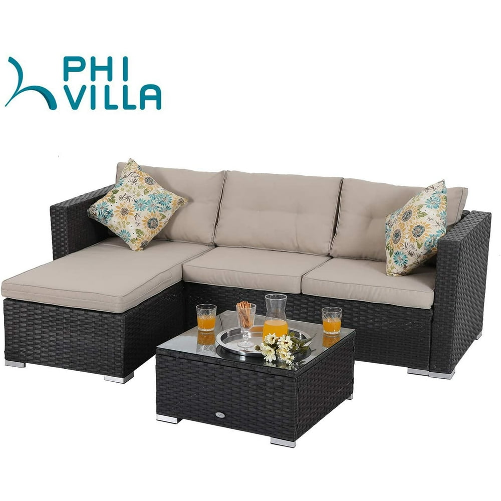 MF Studio 3 Piece Outdoor Sectional Rattan Sofa - Wicker Patio Furniture Set (Beige) - Walmart 
