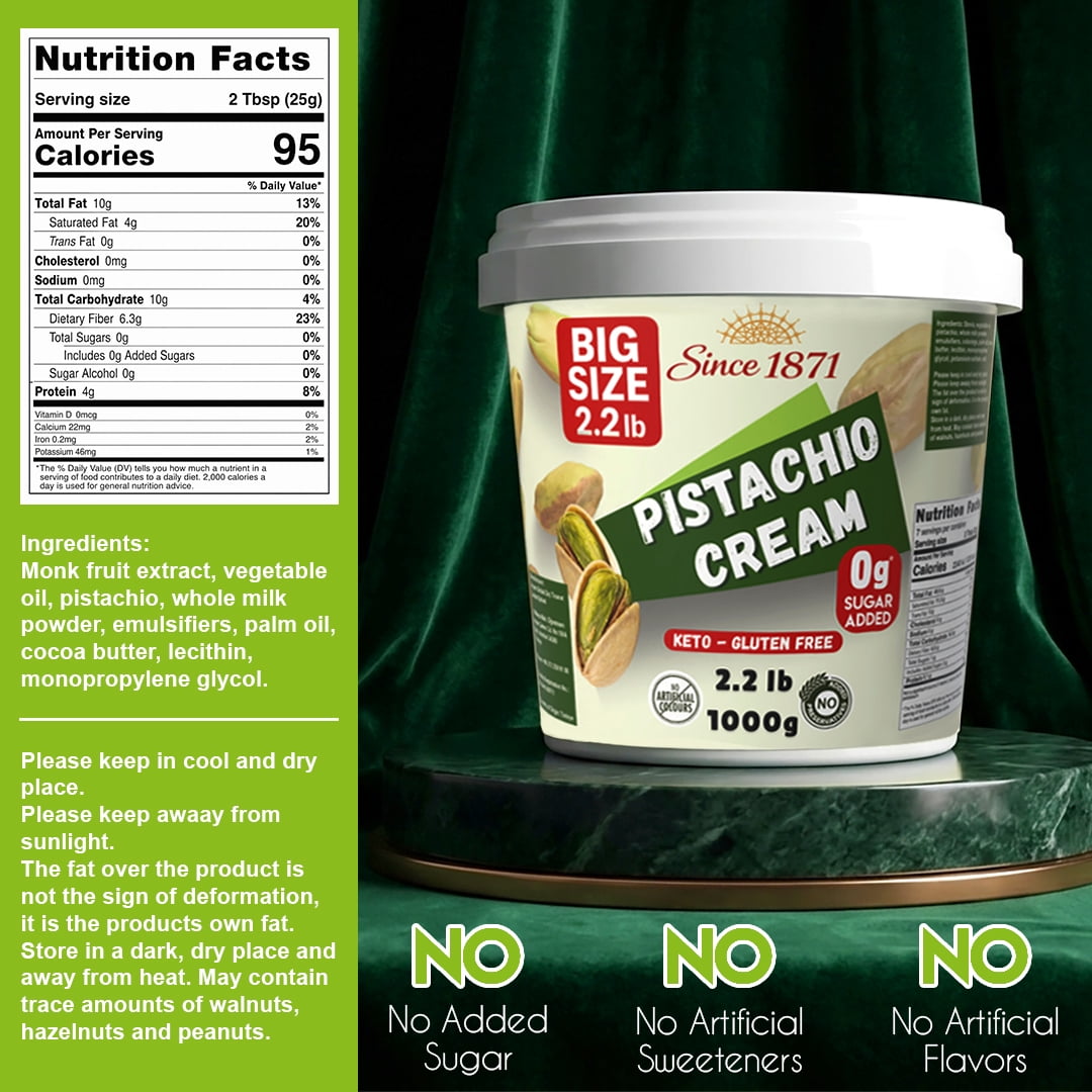 Dubai Style Pistachio Cream - No Added Sugar, Keto Friendly Bulk Tub 2.2lb / 1 kg Premium Pistachio Cream for Dubai Chocolate, Pistachio Butter, 35.2 oz (No Added Sugar)
