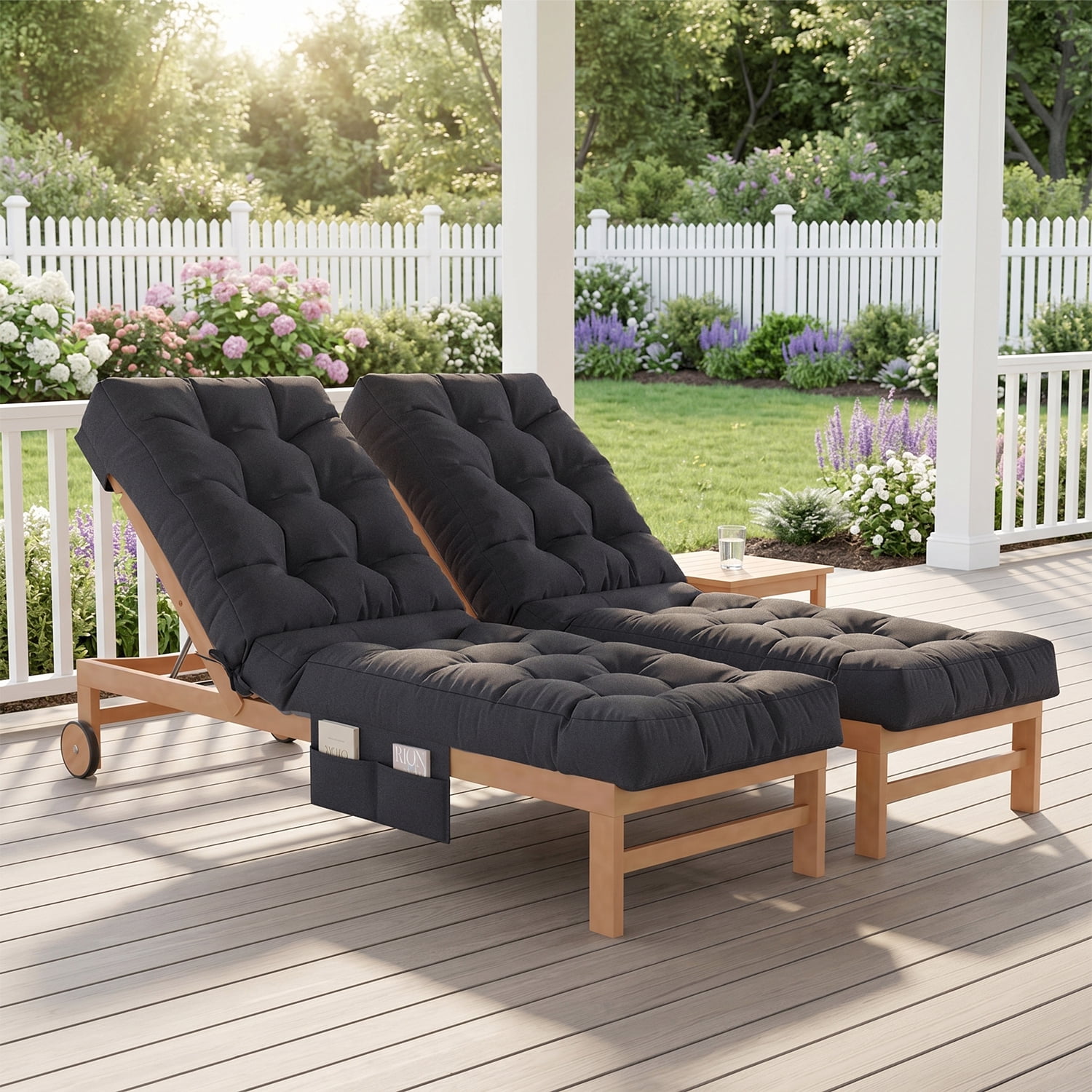 BaPiPro Black 2-Pack Outdoor Chaise Lounge Cushion with Side Pocket, Triple Non-Slip Fixation, All-Weather Durable & Soft Fabric, Thickened Padding, Ideal for Patio and Poolside Use