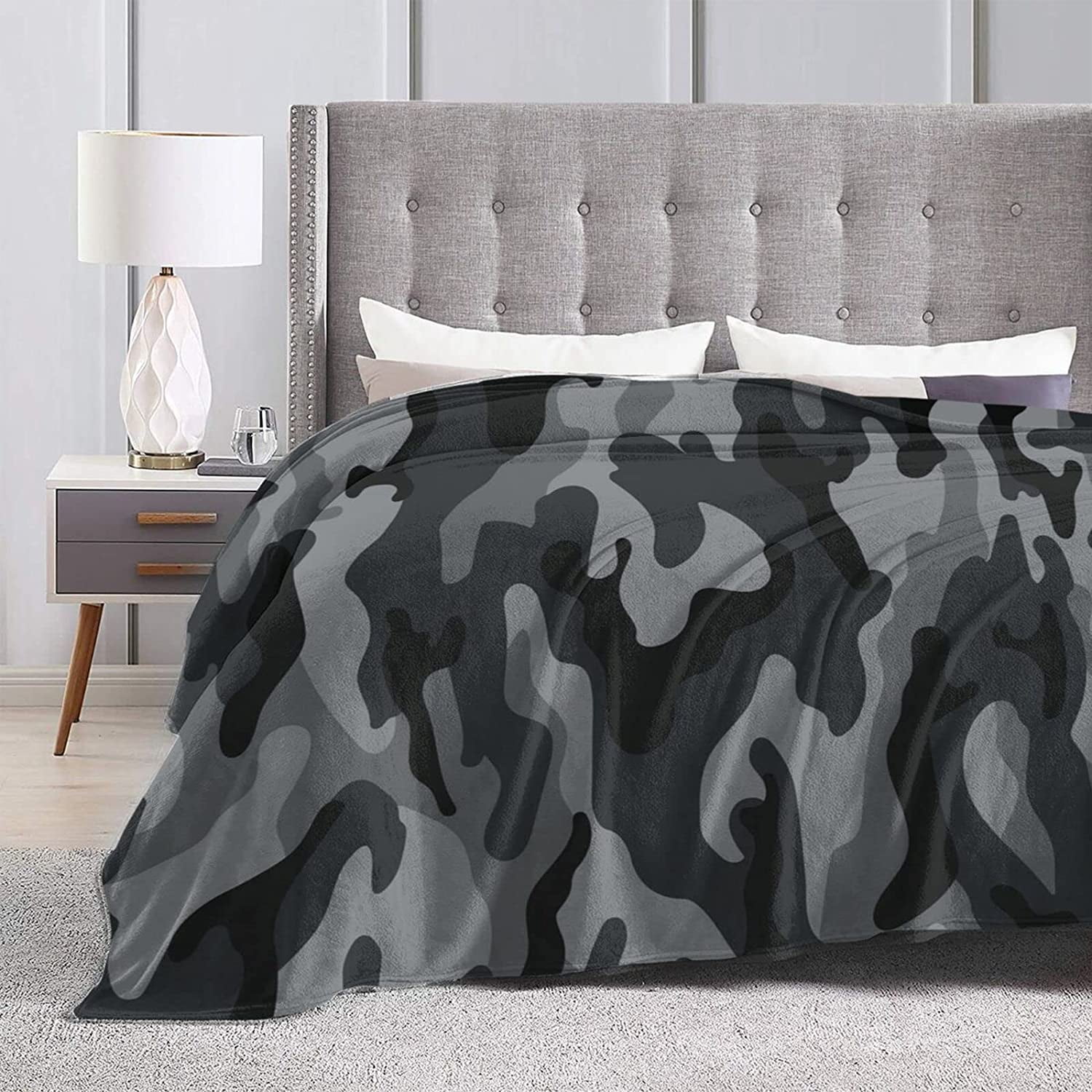 Military Camouflage Pattern Throw Blanket Ultra Soft Warm All Season Black and Grey Camo Decorative Fleece Blankets for Bed Chair Car Sofa Couch Bedroom 80"X60"