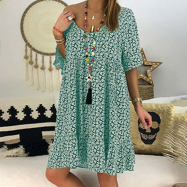 SMihono Robes Bohèmes d'Été pour Femmes Grande Taille Col en V Imprimé Manches Évasées Temps de Loisirs en Vacances Robe à Manches Courtes