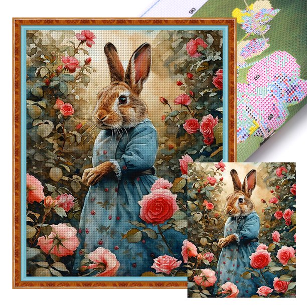 Kit Punto Cruz Conejo Impreso Hilo Algodón Ecológico Bordado 11CT 40x50cm