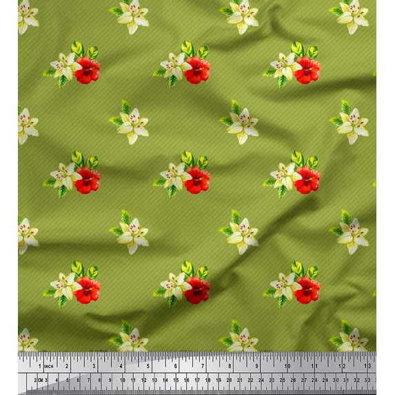 Soimoi Poly Georgette Fabric Diagonal Stripe,Leaves & Azalea Floral Printed Fabric 1 Yard 42 Inch Wide