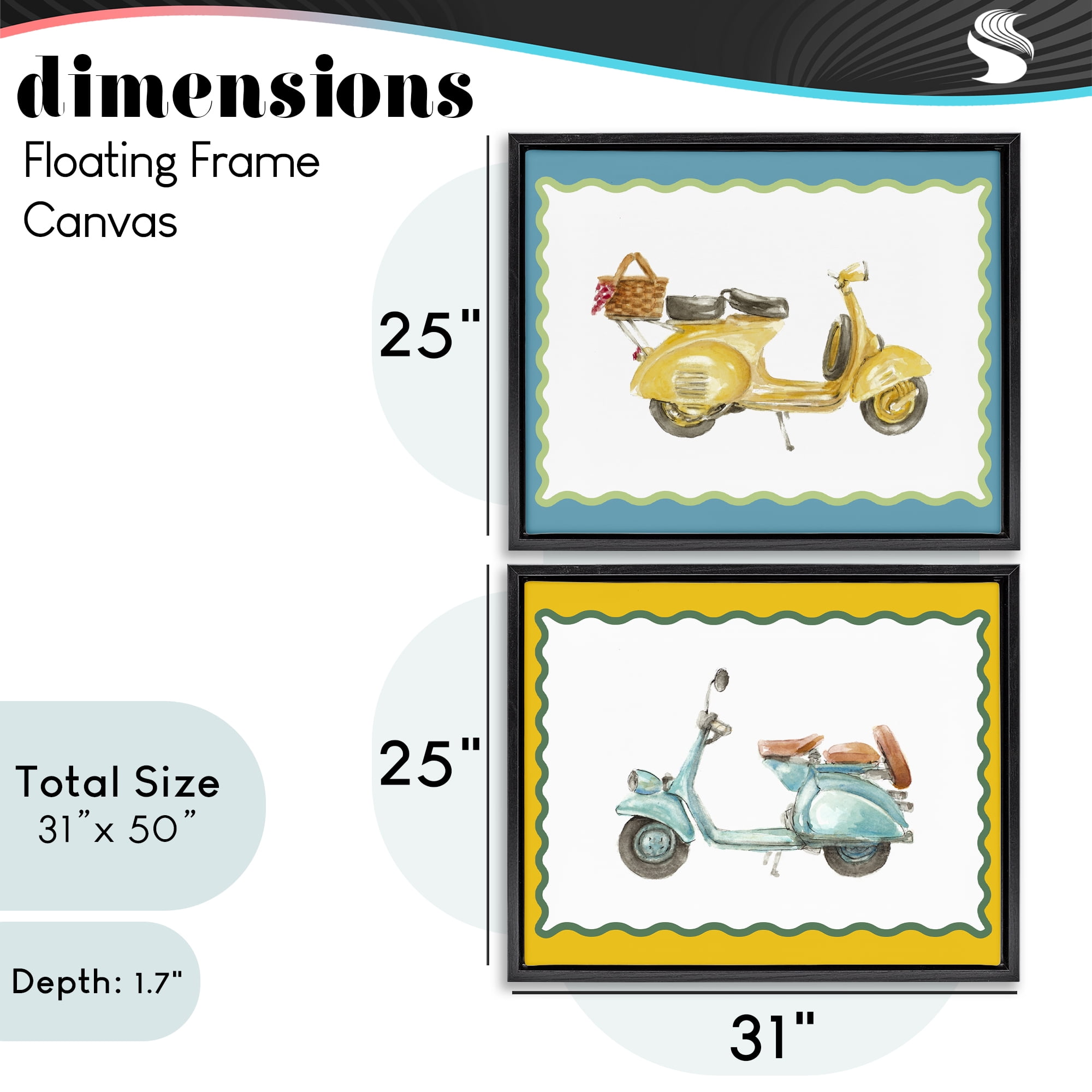Stupell Industries Wavy Bordered Scooters 2 Piece Black Framed Floater Canvas Set, design by Lanie Loreth