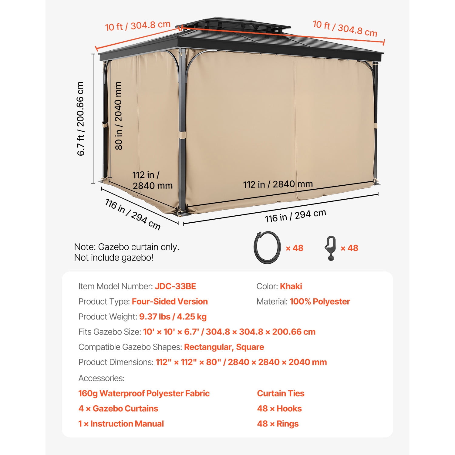 KFFKFF Gazebo Privacy Curtains, 4-Panel Outdoor Sidewalls with Dual Zippers, 160gsm Polyester for 10' x 10' x 6.7' Gazebos