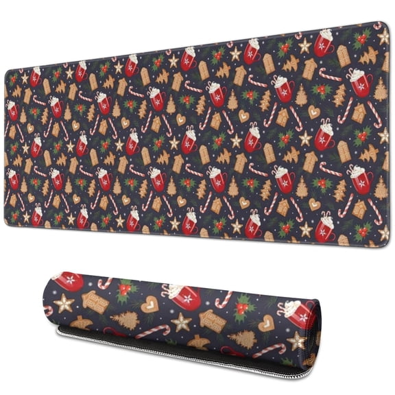 Long Mouse Pads for Desk,Dark Christmas Drink and Cookie Pattern Desk Mats on Top Of Desks, Desk Mouse Pad Extra Large with 3mm Non-Slip Base and Stitched Edge for Gaming,Office,Work,Home 31.5x11.8in