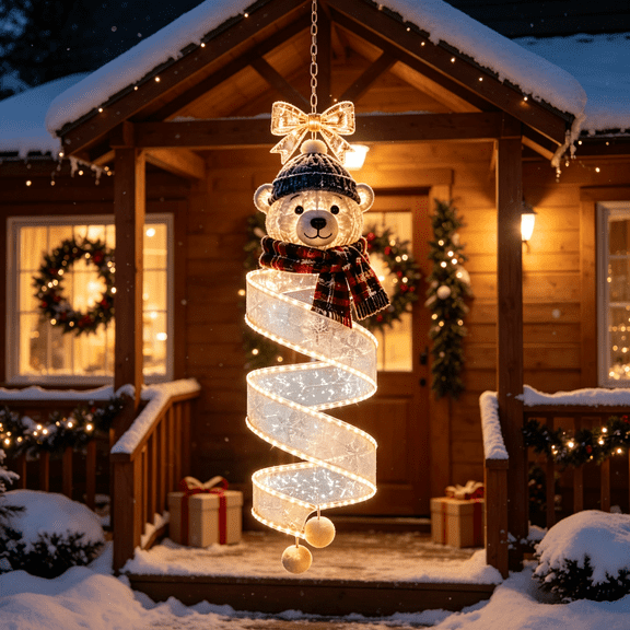 Spiral Hanging Christmas LED Light Collection,3 Designs Polar Bear Star Tree Bow Bell,Outdoor Porch Entryway Doorway Holiday Decor Vertical Display