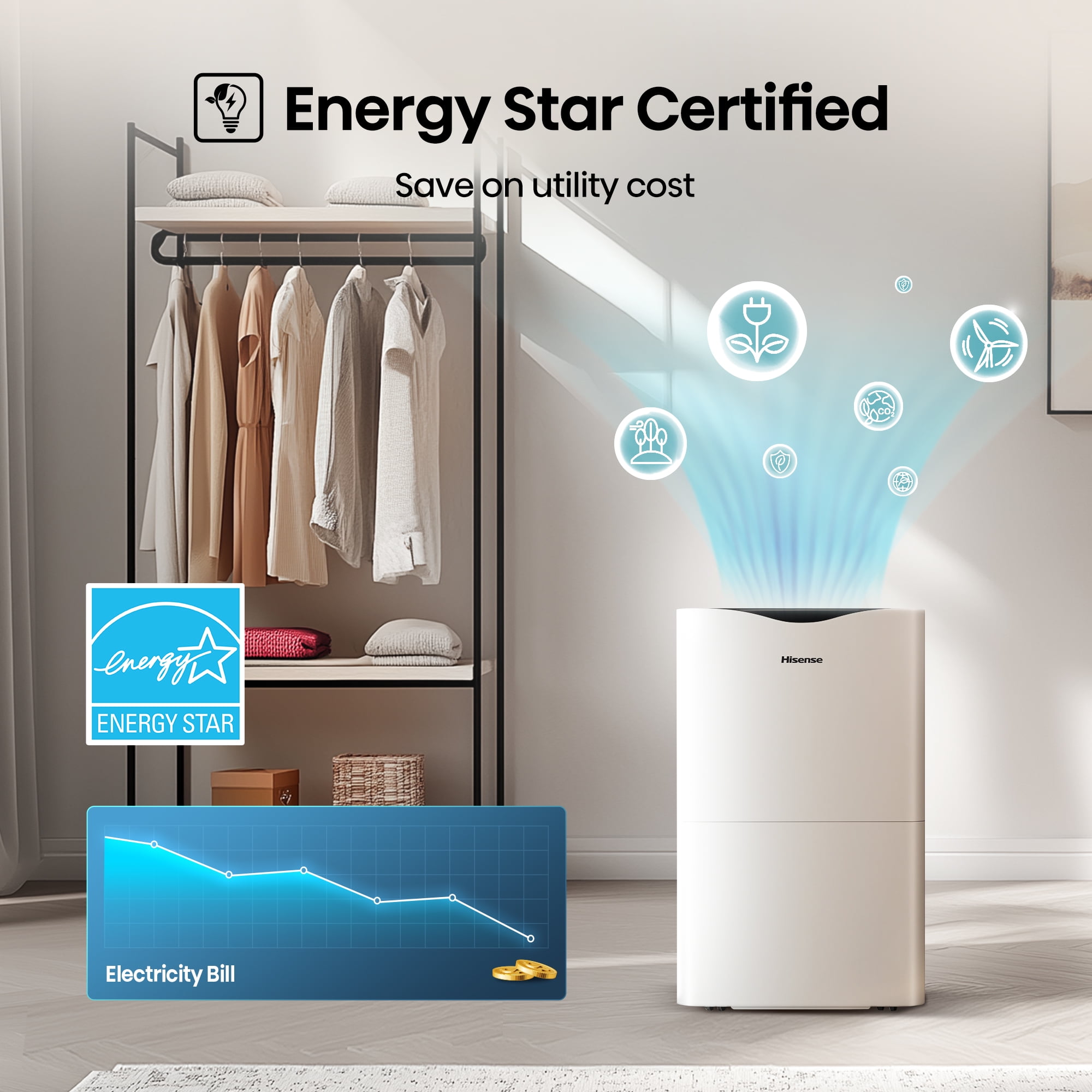 Hisense 50 Pint Dehumidifier 4,500 Sq. Ft for Multi-Scenario Use, Energy Star Certified, Easy Carry Handle, Low Noise Operation, Hassle-Free Water Removal, White (WHD5025P)