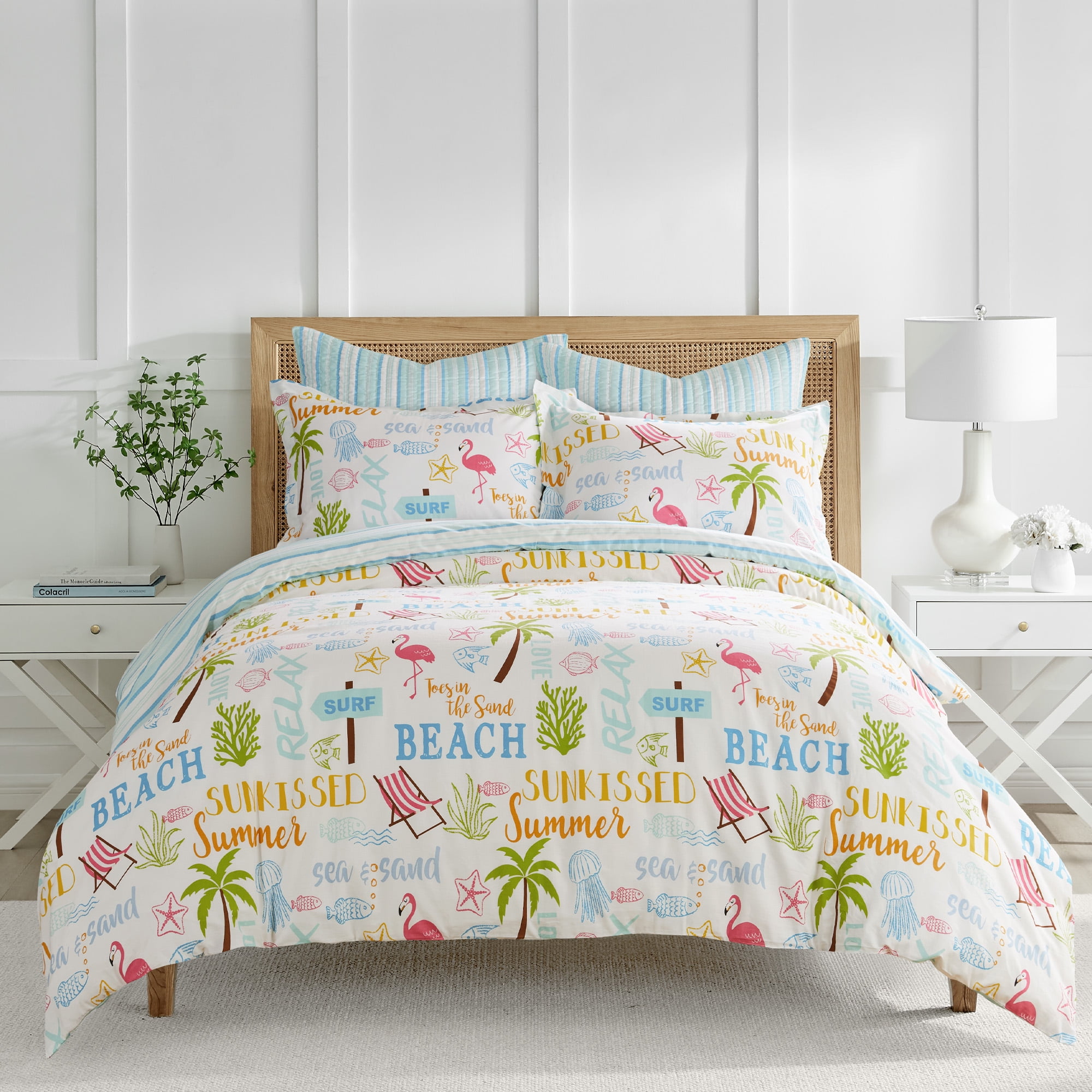 Levtex Home - Beach Days Duvet Cover Set - Twin Duvet Cover (68 x 88in.) + One Standard Pillow Case (26 x 20in.)- Coastal Beach - Teal Blue Yellow Green Brown Pink - Cotton