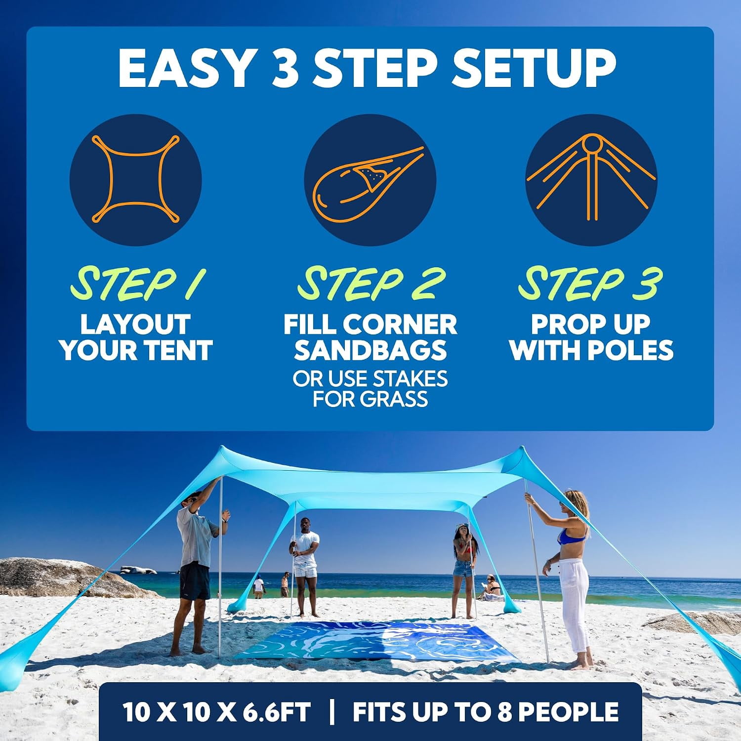 SUN NINJA サンシェード (タープ)テントとシートセット Sun Ninja, Pop-Up Beach Tent, 7x7.5 ft, Navy Blue Sun Shelter