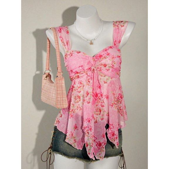 Pink Floral Print Asymmetrical Hem Tie-Front Peplum Mesh Tank Top For Women
