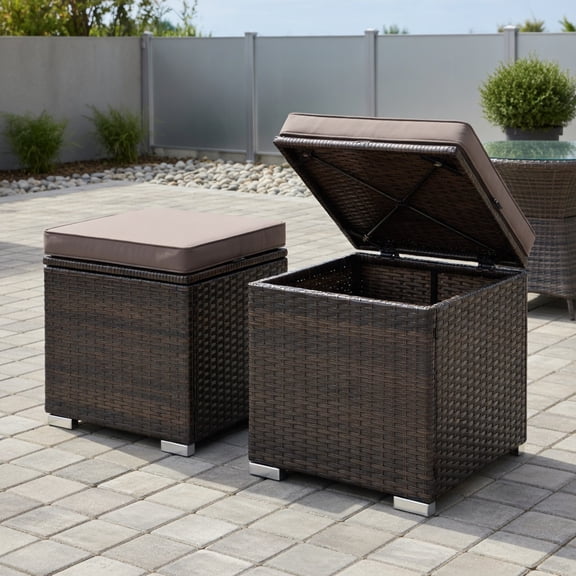 Yardi Yard 2 Pieces Patio Ottoman with Removable Cushions, Outdoor Footstools for Patio, Wicker Ottoman for Pool Deck-Gray